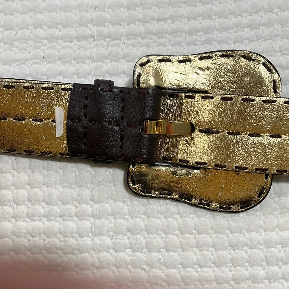 TAHARI‎ WOMENS WIDE LEATHER BELT dark brown Gold hardware 42.5 in